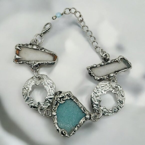 Sea Glass & Silver Cutout Bracelet - Boho Metalwork Adjustable Closure - Picture 5 of 16